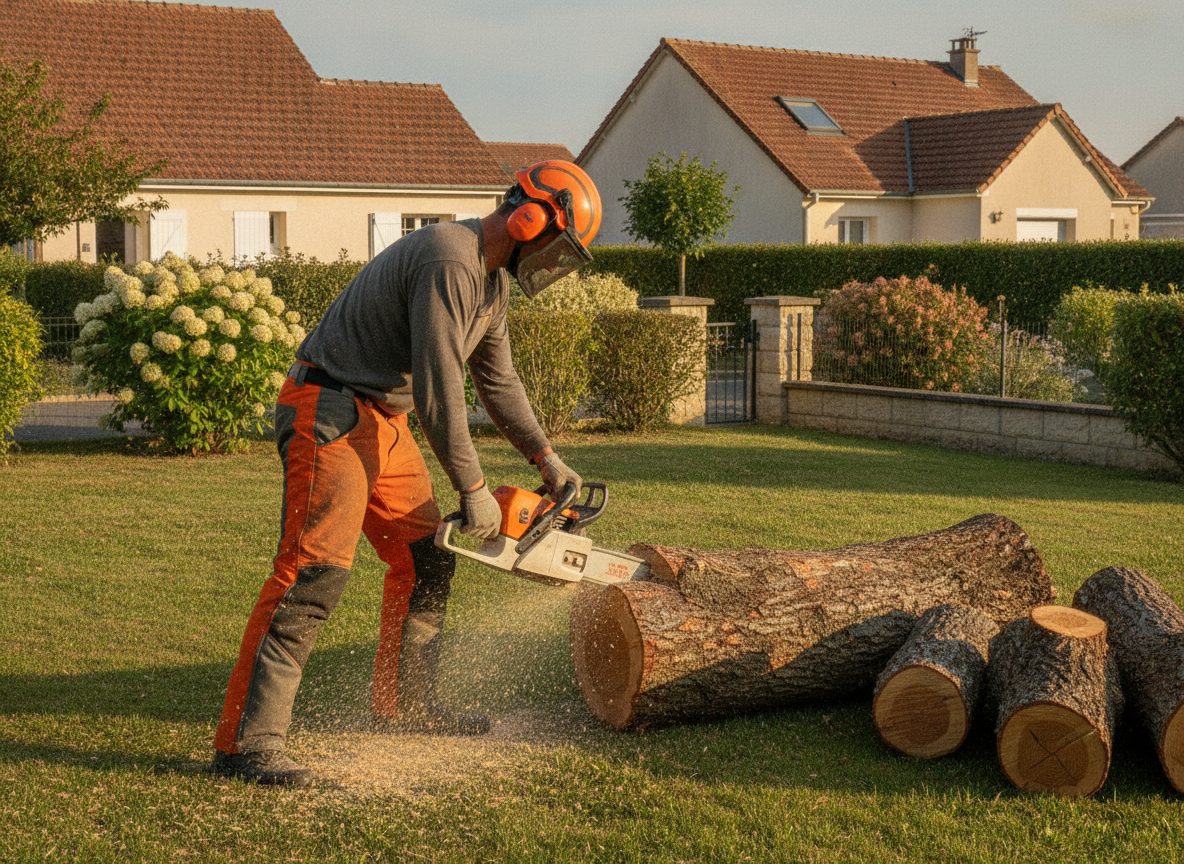 Bûcheron qui débite un tronc abattu au sol, en équipement de sécurité (photo d'illustration)