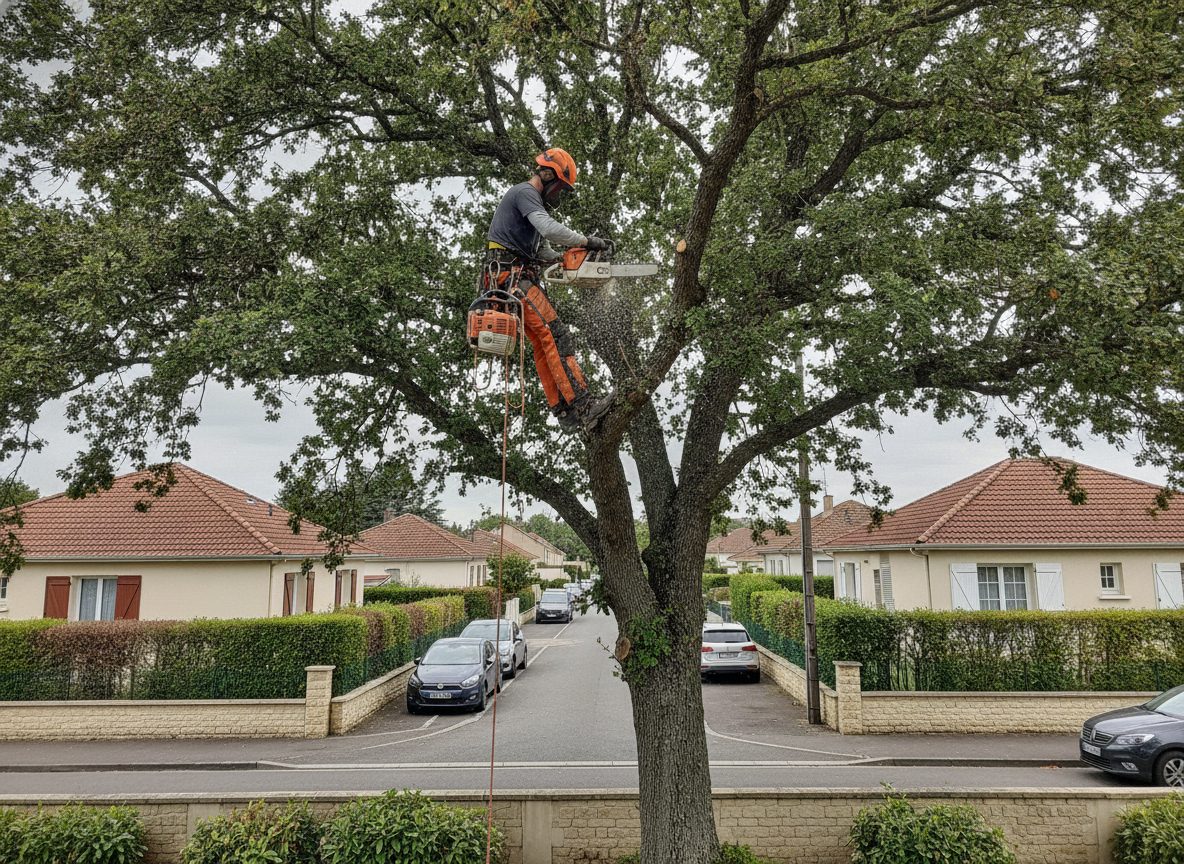 Élagueur encordé dans un grand arbre, tronçonneuse à la ceinture (photo d'illustration)
