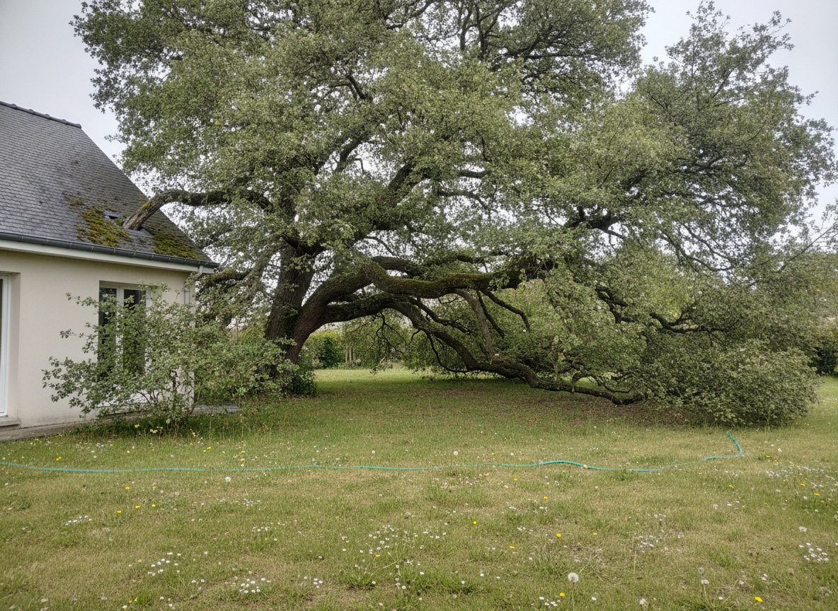 Avant les travaux : élagage d'un chêne au-dessus d'une toiture (photo d'illustration)