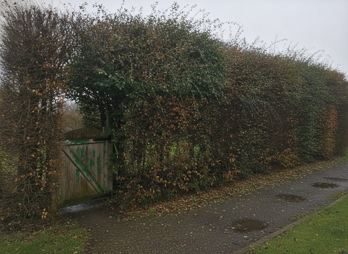 Avant les travaux : rabattage d'une haie de laurier laissée à l'abandon (photo d'illustration)